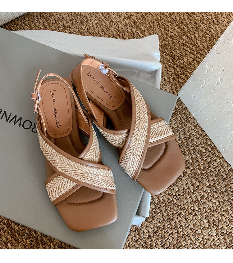 Karin Luna In Stock  Spot Goods Woven Style  Cross-strap Vacation Style Flat Sandals