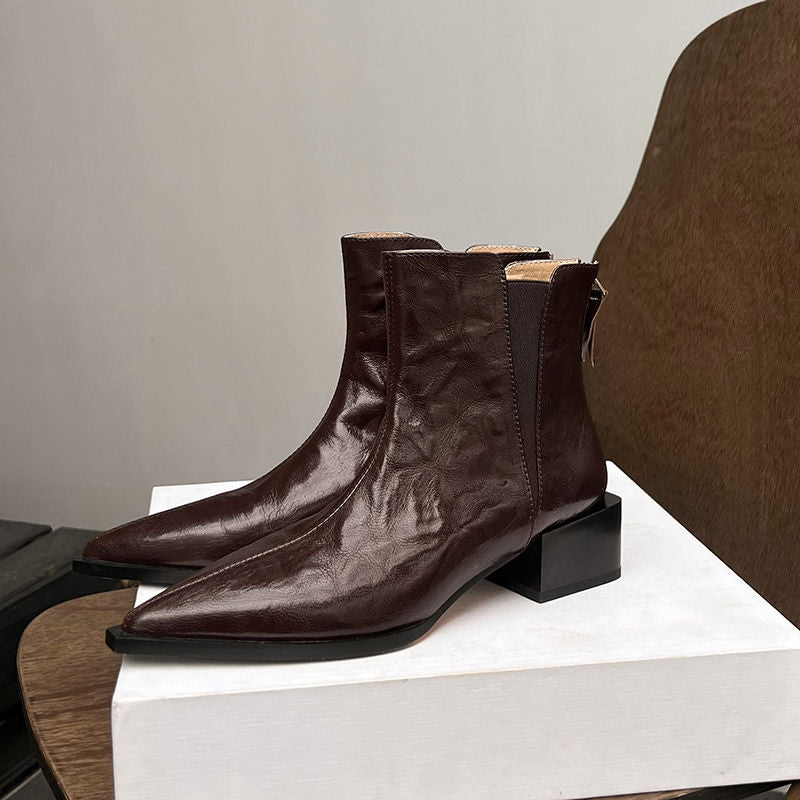 Karin Luna In Stock Spot Goods Elegant Stretch Fabric Patchwork Pointed Toe Chunky Heel Short Boots