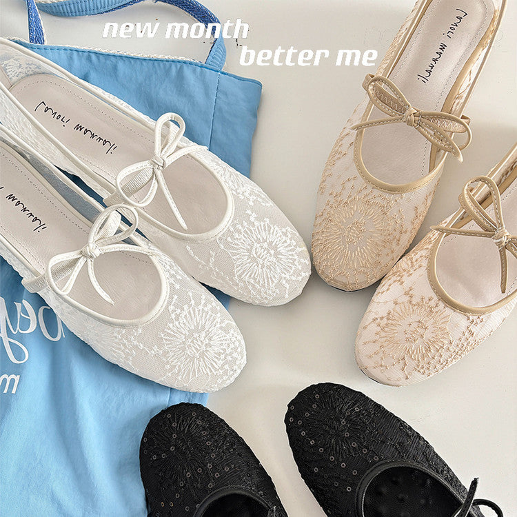 Karin Luna In Stock Spot Goods  Summer Breathable Retro Embroidered Bow Granny Shoes