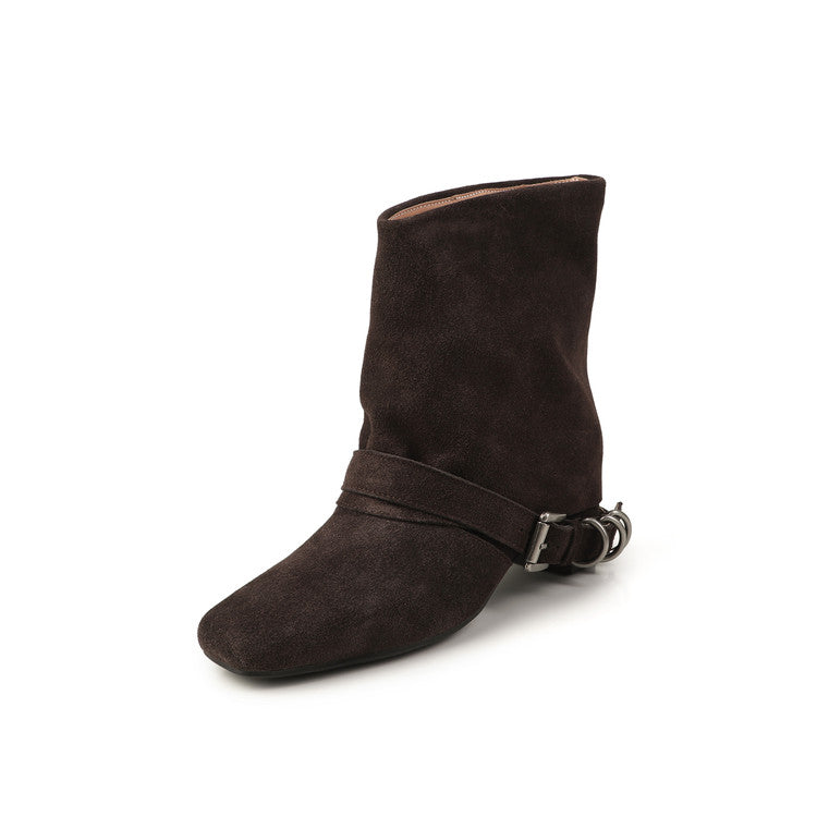 Karin Luna Data Hot Item Square Toe Hidden Wedge Belt Buckle Suede Ankle Boots