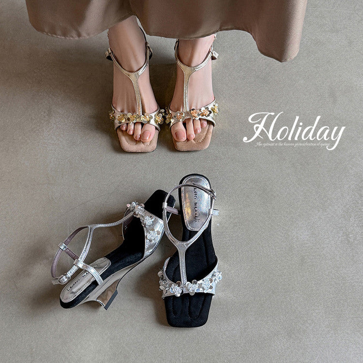 Karin Luna Hot-Selling Sequin Floral Series ~  Square Toe Irregular Heel Square Toe Sandals