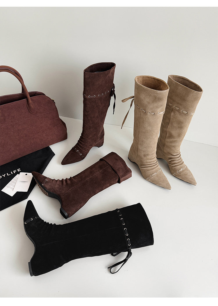 Karin Luna Elegant Style  Pointed Toe Pleated Hidden Wedge Western Boots