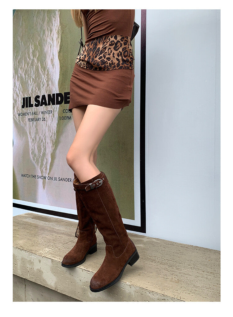 Karin Luna Chunky Heels Round Head Belt Buckle  Fashionable Suede Boots