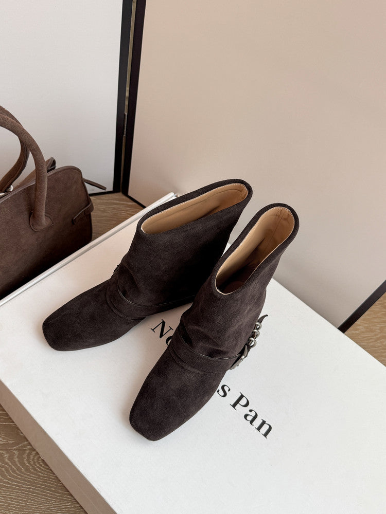 Karin Luna Data Hot Item Square Toe Hidden Wedge Belt Buckle Suede Ankle Boots