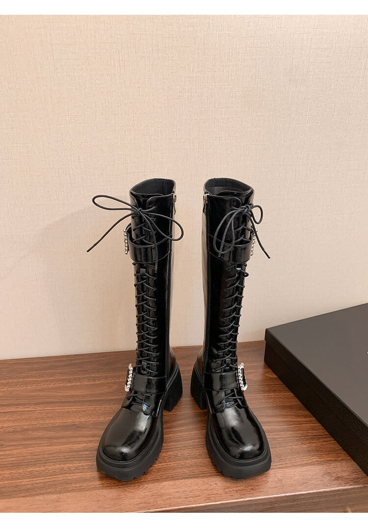 Karin Luna In Stock Spot Goods Bestselling Extended Version Rhinestone Square Buckle Thick Sole Lace-up Thick Sole Full Cowhide Knight Boots