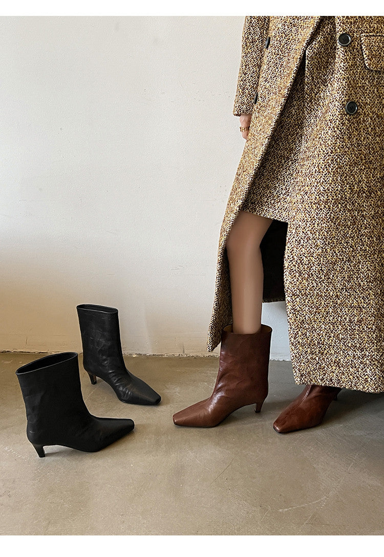 Karin Luna In Stock Spot Goods Top Layer Stone Pattern Cowhide Textured Small Square Toe Straight Short Boots