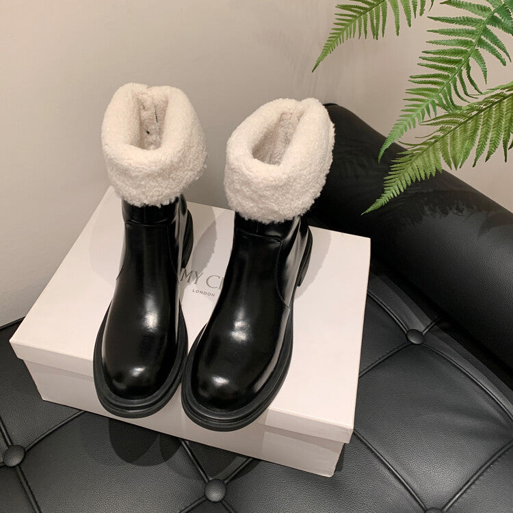Karin Luna Classic Basic Style   Convertible Foldable Hidden Buckle Snow Fur Shoes Full cowhide Basic Flat Short Boots