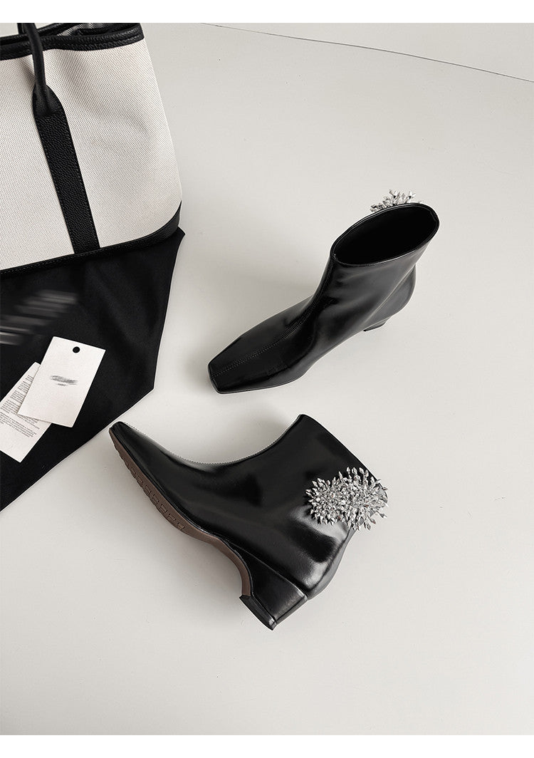 Karin Luna Elegant Style Square Toe Flower Design Height Increasing Short Boots with Two Front and Back Options