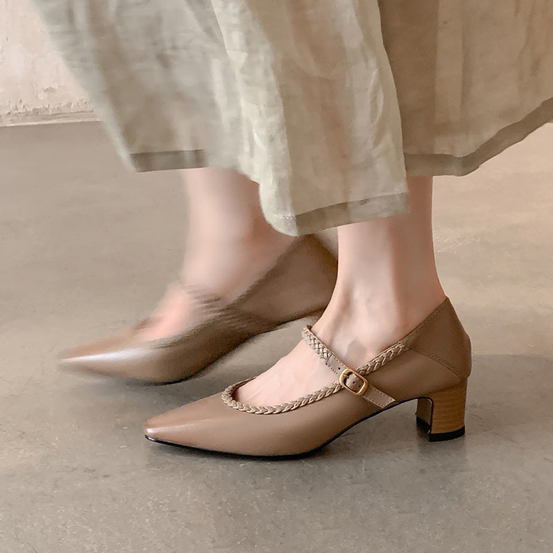 Karin Luna Braided Element Design Chunky Heel Square Toe Single Strap Shoes