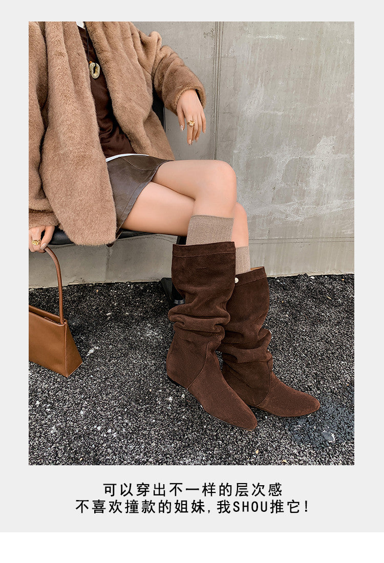 Karin Luna In Stock Spot Goods  Bestselling Suede Leather Sold Out Fast: Pile of Matte Inner Height-Increasing Western Boots