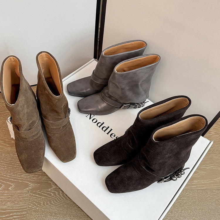 Karin Luna Data Hot Item Square Toe Hidden Wedge Belt Buckle Suede Ankle Boots