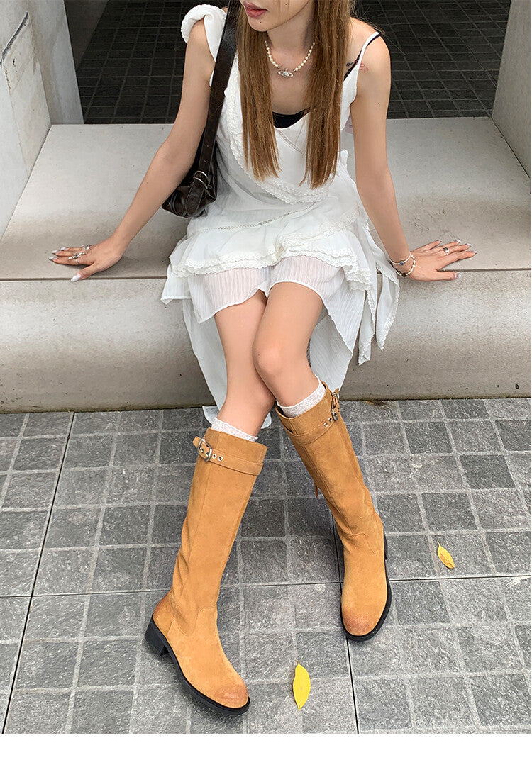 Karin Luna Chunky Heels Round Head Belt Buckle  Fashionable Suede Boots