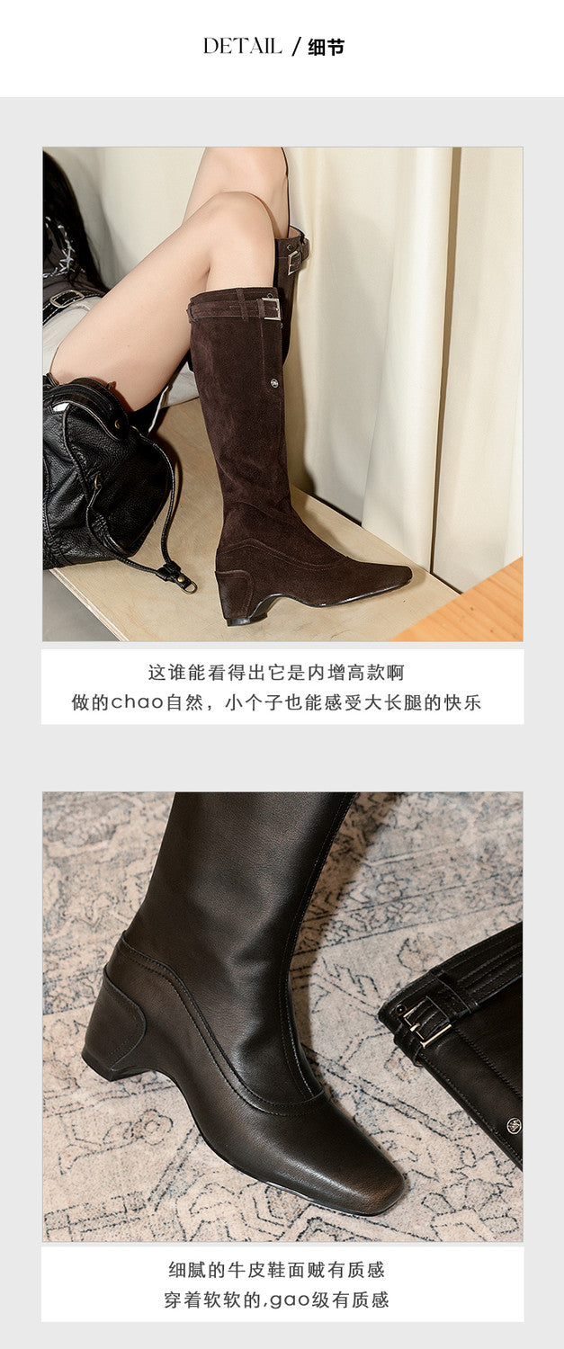 Karin Luna Belt Buckle Elegant Chunky Heel Suede Western Boots