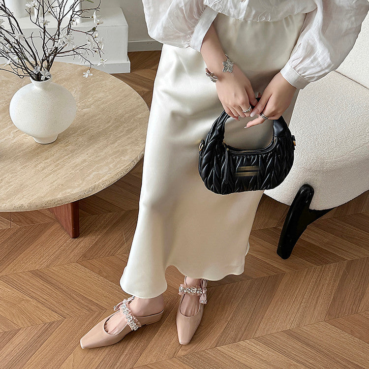Karin Luna Handmade One-Strap Rhinestone Ribbon Square-Toe Mules
