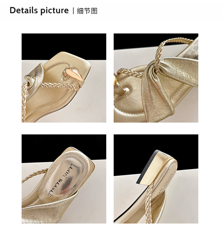 Karin Luna  Square Toe Braided Cross Thick Heel Flat Slippers