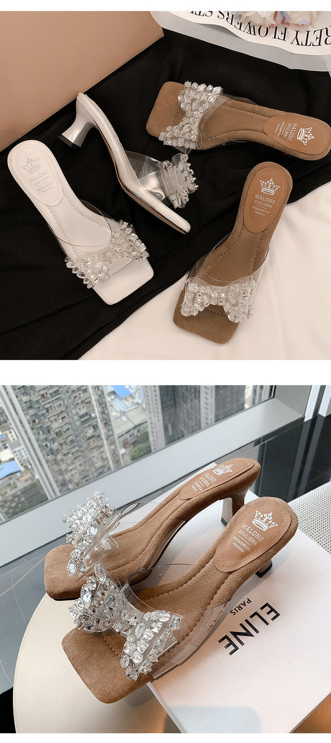 Karin Luna In Stock In Stock Transparent Bow Square Toe Suede Open Toe Sandals