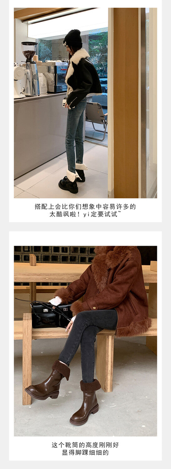 Karin Luna Classic Basic Style   Convertible Foldable Hidden Buckle Snow Fur Shoes Full cowhide Basic Flat Short Boots