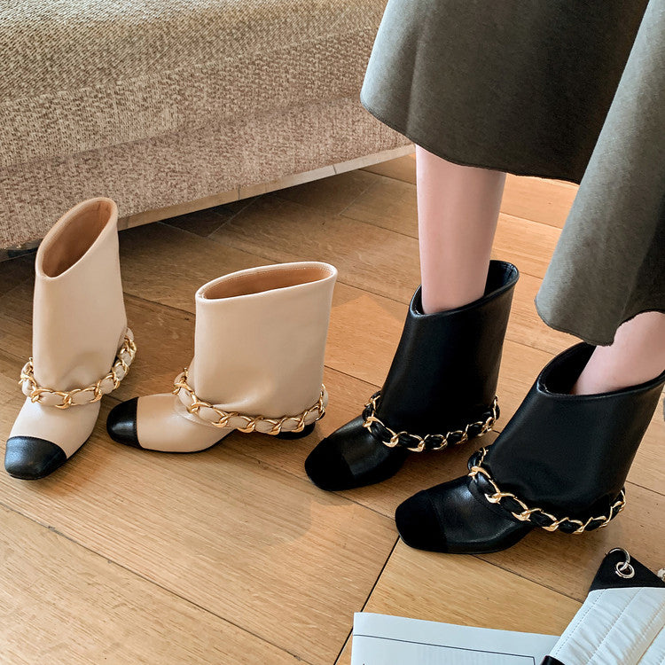 Karin Luna Classic Style Xiangjia Style Chunky Heel Chain Ankle Boots