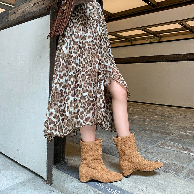 Karin Luna Handmade Woven Fabric Small Square Toe Hidden Heel Short Boots