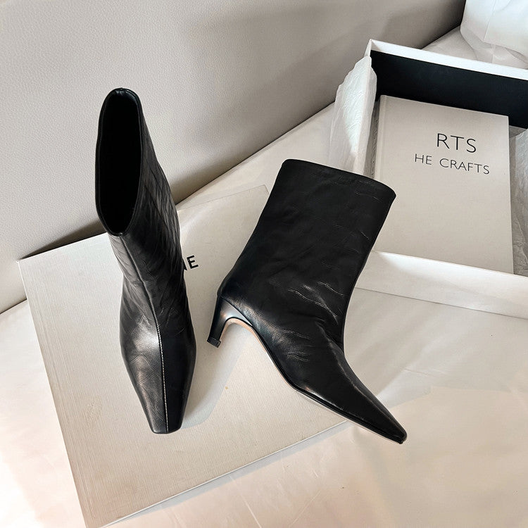 Karin Luna In Stock Spot Goods Top Layer Stone Pattern Cowhide Textured Small Square Toe Straight Short Boots