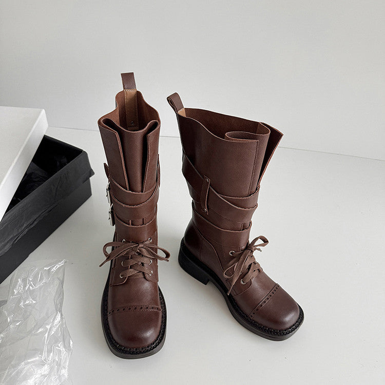 Karin Luna Bestseller Hot-Selling Large Tube Leather Belt Buckle Round Toe Thick-Soled Short Boots