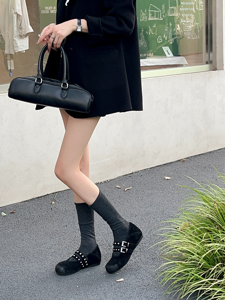 Karin Luna Hot Item Hot Item Punk Style One-Strap Round-Toe Suede Leather Height-Increasing Flats