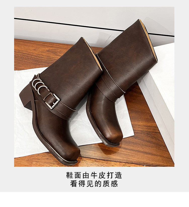 Karin Luna Elegant Style Square Toe Belt Buckle Pants Boot Short Boots