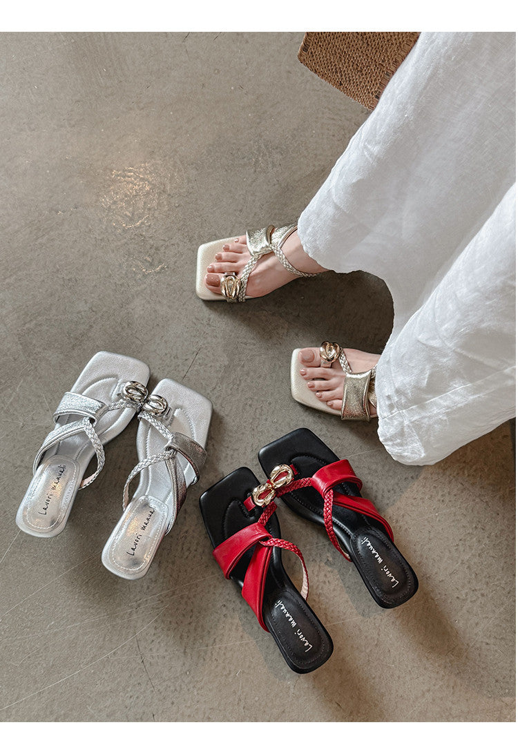Karin Luna Braided Style ~Cross Strap Square Toe Irregular Heel Slippers