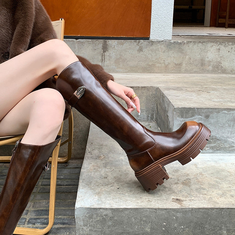 Karin Luna In Stock In Stock  Round Toe Thick Sole Belt Buckle Side Zipper Knight Boots
