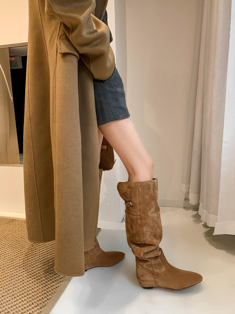 Karin Luna In Stock Spot Goods Vintage Cowhide Leather Two-Way Wear Pointed Toe Height-Increasing Long Boots