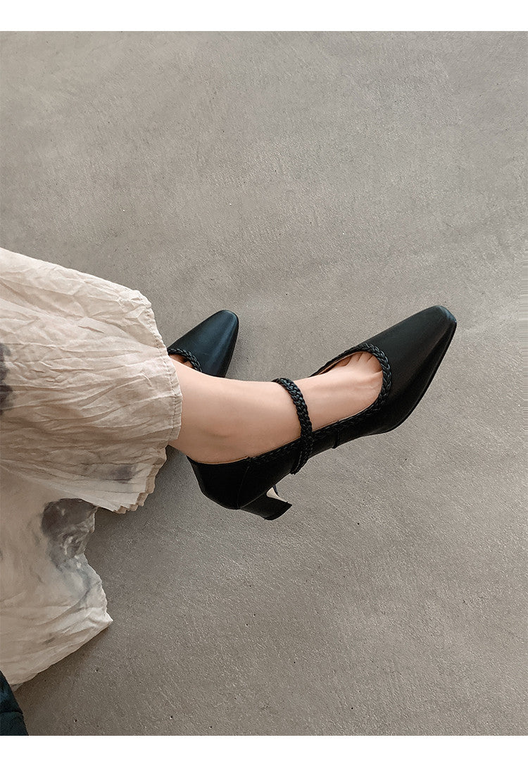 Karin Luna Braided Element Design Chunky Heel Square Toe Single Strap Shoes