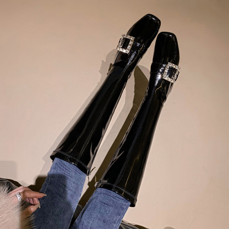 Karin Luna Elegant Style Ultra Slimming Rhinestone Chunky Heel British Style Riding Boots Long Boots