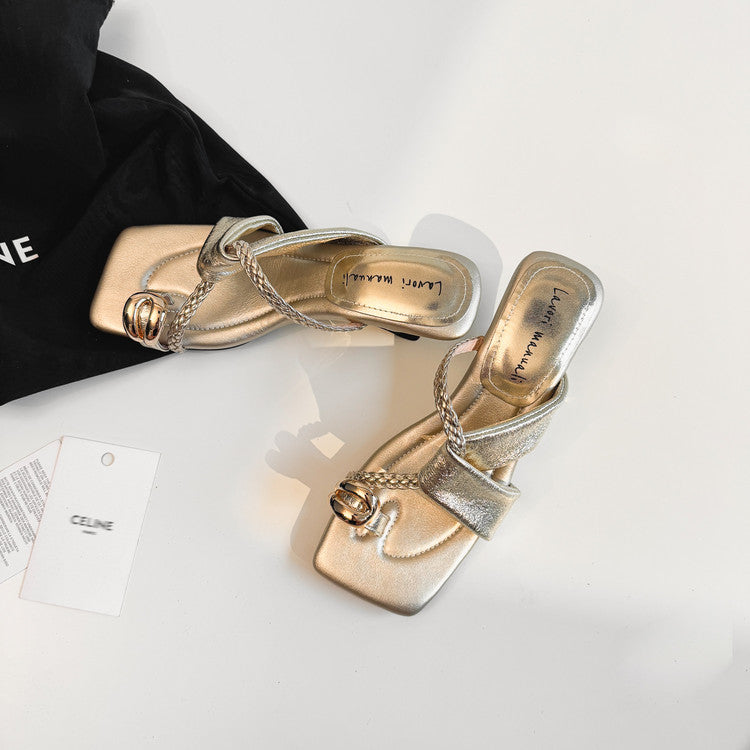 Karin Luna Braided Style ~Cross Strap Square Toe Irregular Heel Slippers