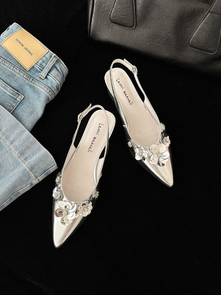 Karin Luna In Stock In Stock  Sequin Floral Pointed Toe Chunky Heel Closed-Toe Sandals