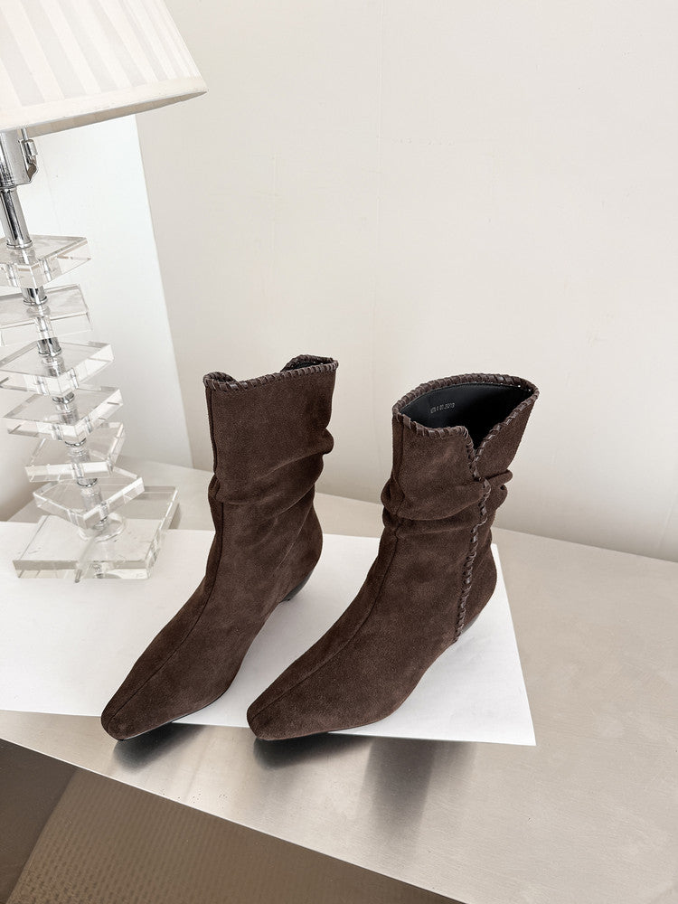 Karin Luna Elegant Style Small Square Toe Pleated Short Boots