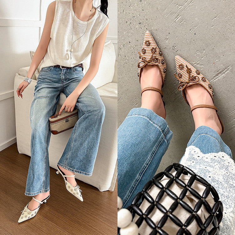 Karin Luna In Stock Spot Goods  Elegant Floral Pointed Toe Rhinestone Slippers