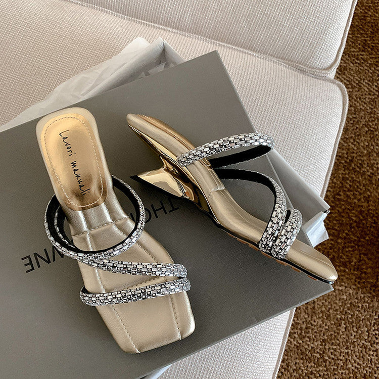 Karin Luna In Stock Spot Goods  Rhinestone One-Strap Irregular Heel Square-Toe Slippers