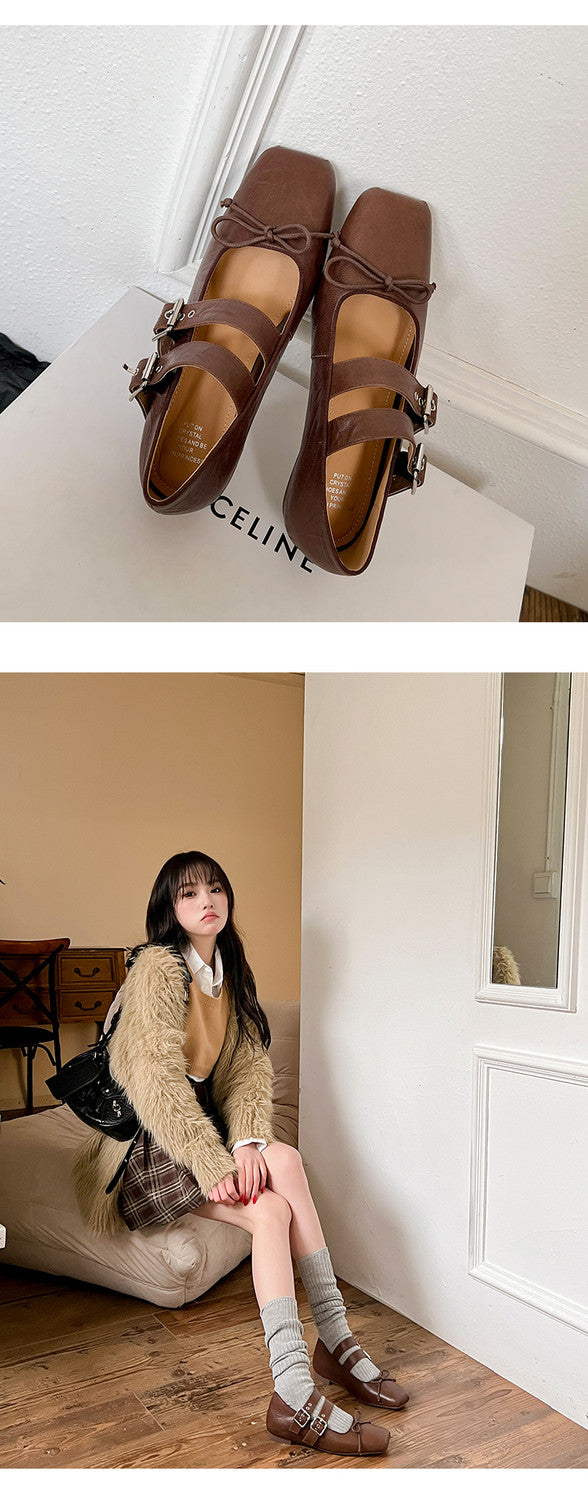 Karin Luna In Stock Spot Goods Sweet Bowknot Square Toe Hidden Wedge Strap Buckle Single Shoes