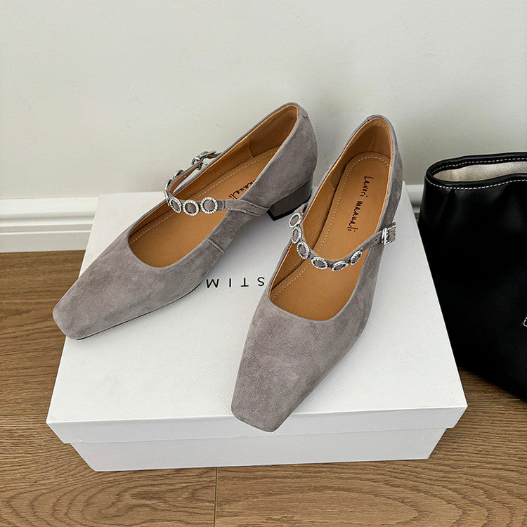 Karin Luna In Stock Spot Goods  Vintage Full Leather Square Toe Rhinestone Strap Shallow Mouth Single Shoes
