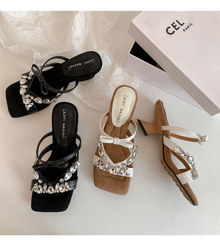 Karin Luna In Stock In Stock  Square Toe Rhinestone Bow Suede Slippers