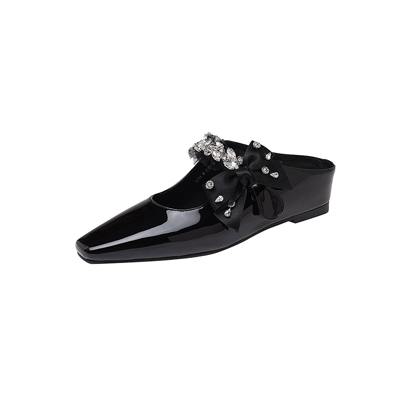 Karin Luna Handmade One-Strap Rhinestone Ribbon Square-Toe Mules