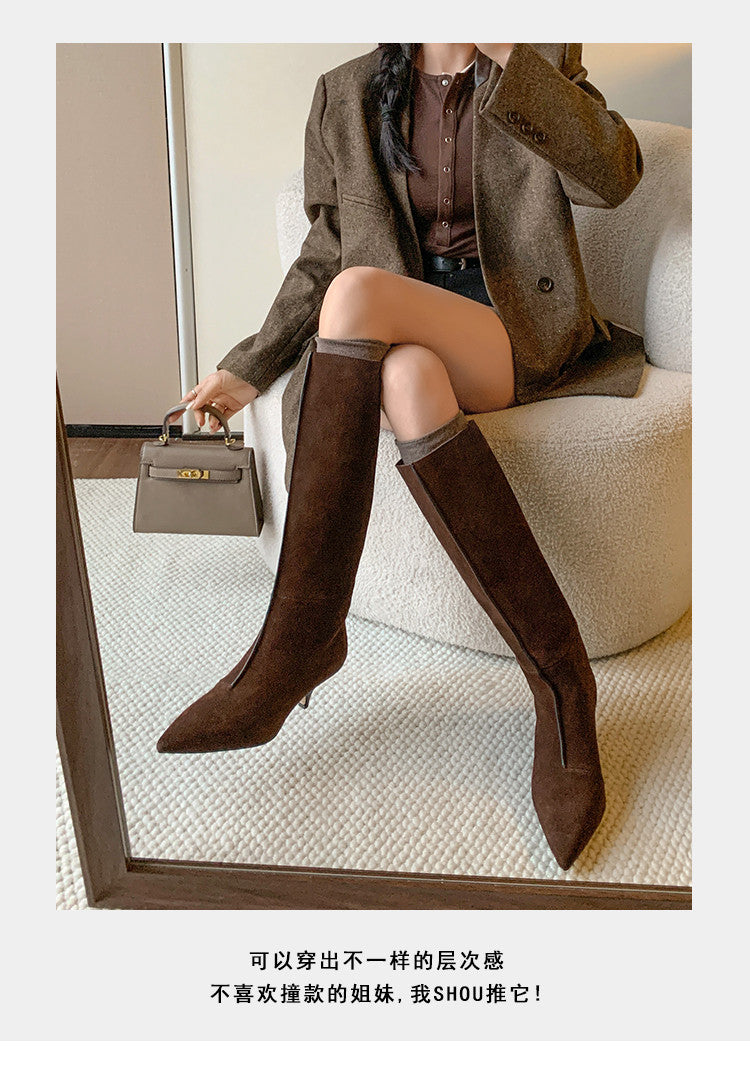 Karin Luna In Stock Spot Goods Retro Cowhide Pointed Toe Stiletto Elegant Long Boots
