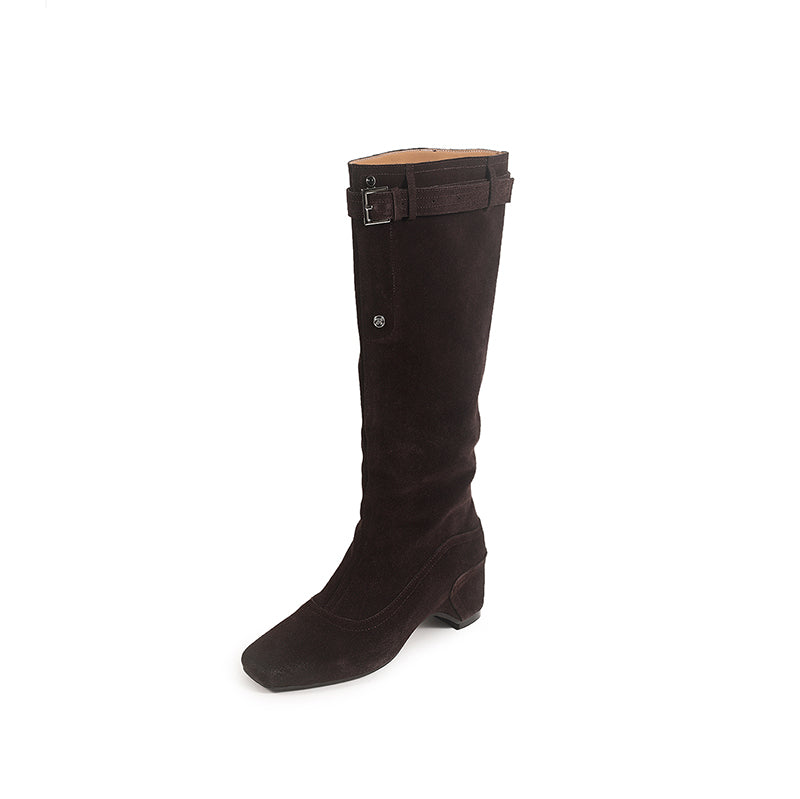 Karin Luna Belt Buckle Elegant Chunky Heel Suede Western Boots