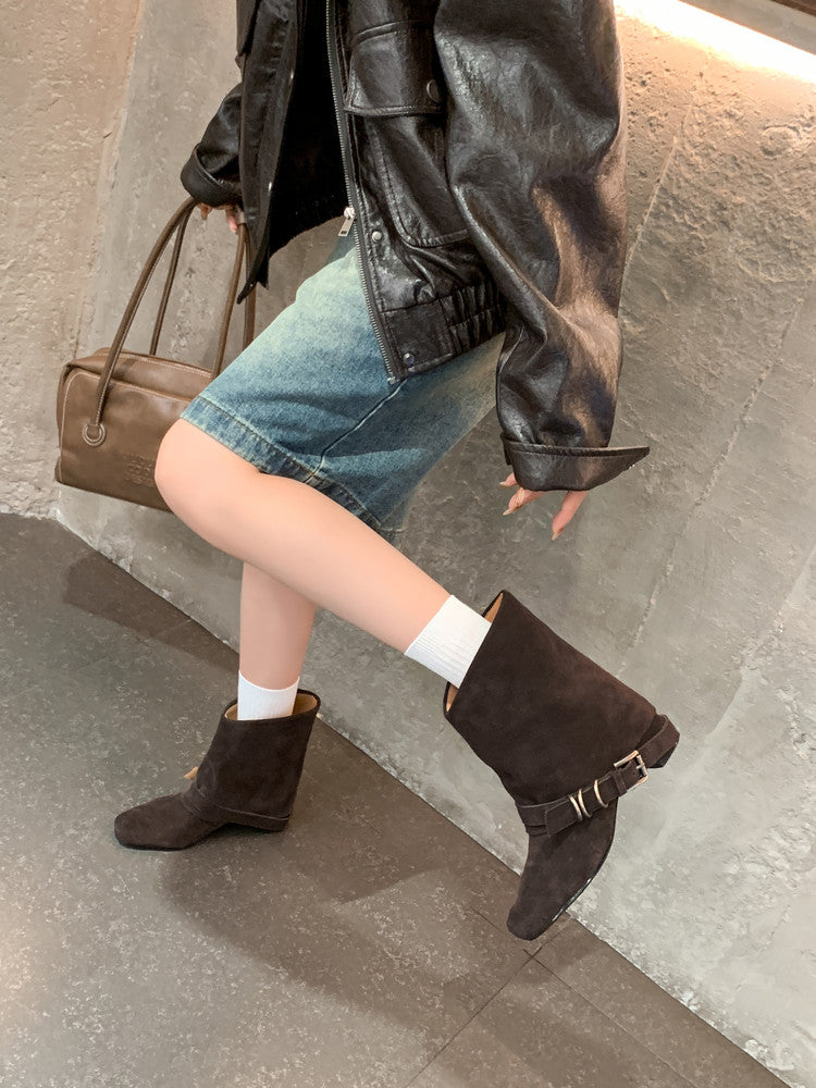 Karin Luna Data Hot Item Square Toe Hidden Wedge Belt Buckle Suede Ankle Boots
