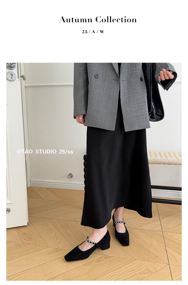 Karin Luna In Stock Spot Goods  Vintage Full Leather Square Toe Rhinestone Strap Shallow Mouth Single Shoes