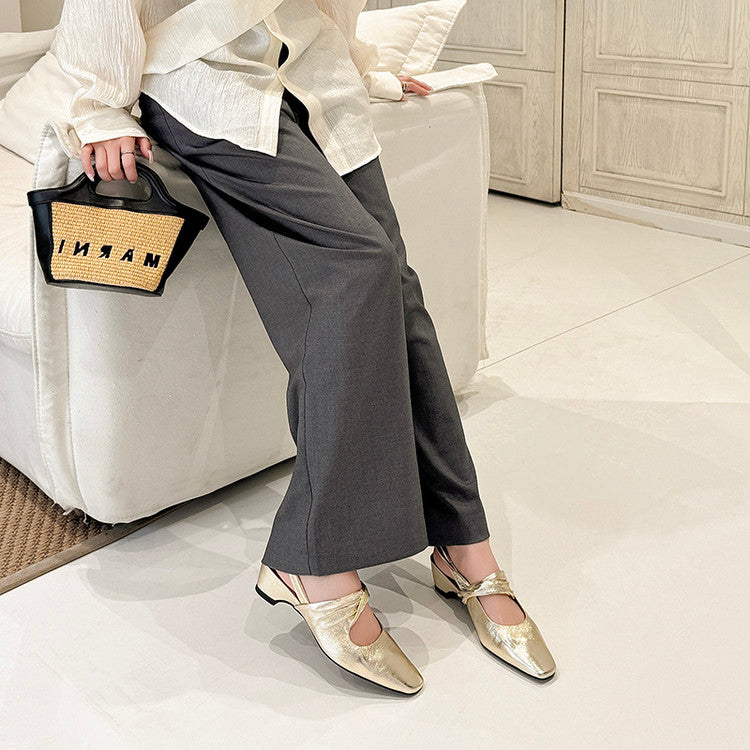 Karin Luna In Stock  Spot Goods Small Square Toe Wrinkled Chunky Heel Closed-Toe Sandals