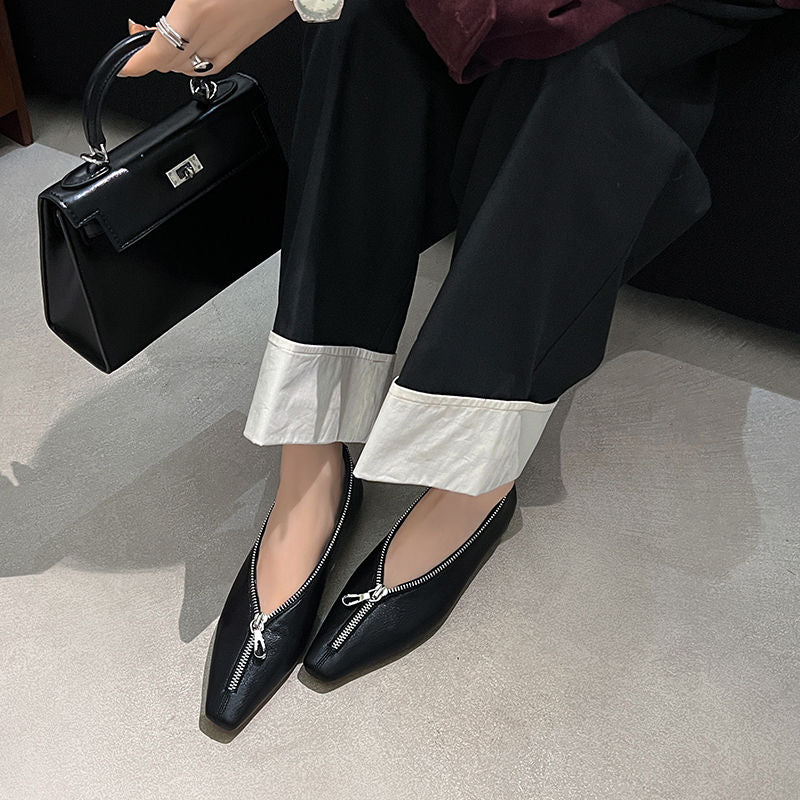 Karin Luna In Stock In Stock ~Basic Versatile Light Luxury Zipper Small Square Toe Flats