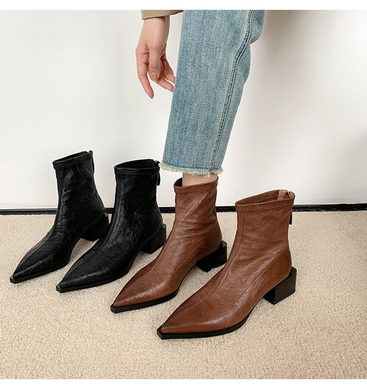 Karin Luna Elegant Style Pointed Toe Chunky Heel Short Boots
