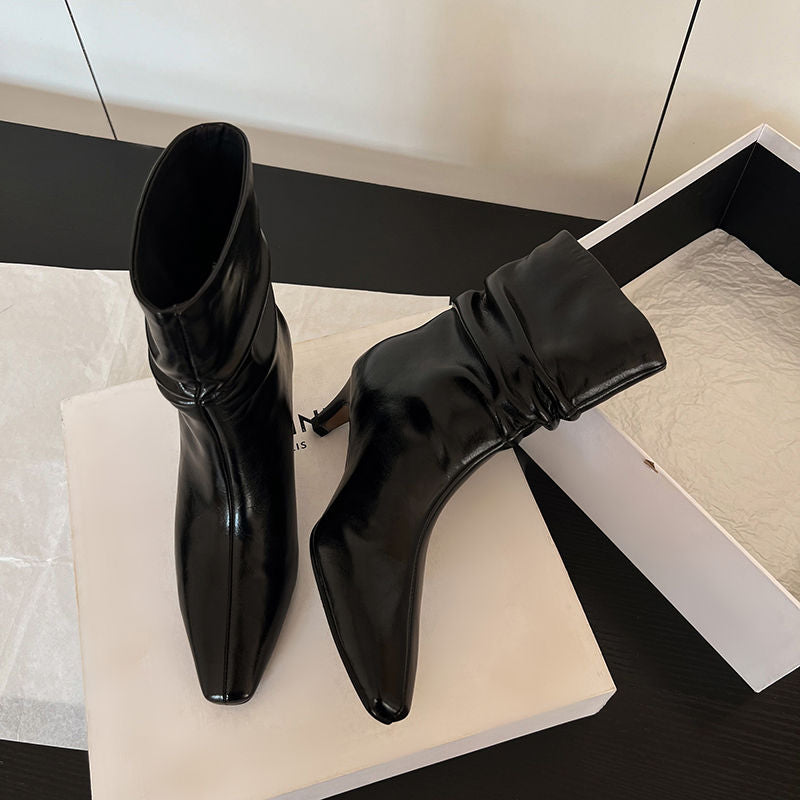 Karin Luna In Stock Spot Goods  Retro Wrinkled Small Square Toe Short Boots