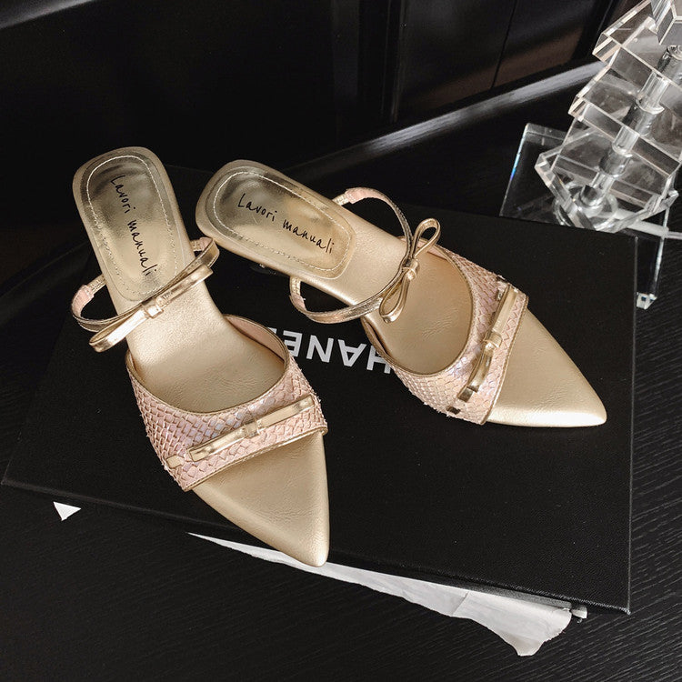Karin Luna Fish Skin Series~Pointed Toe Irregular Heel Bowknot Strap Slippers